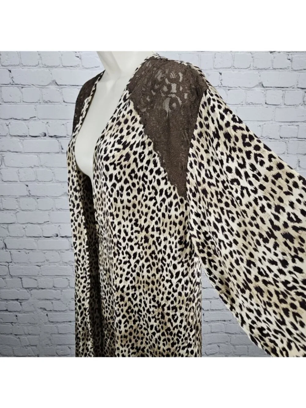 Marilyn Monroe Warners Brown Silk Leopard Lace 3/4 Sleeve Pockets Short Robe P/S
